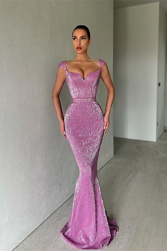 Cap Sleeves Long Mermaid Sequins Prom Dress-BallBride
