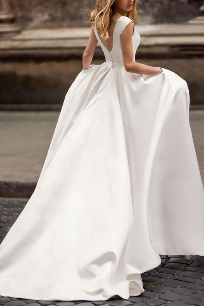 Cap Sleeves Wedding Dress With Pockets-BallBride