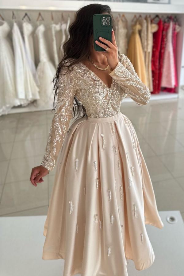 Champagne Long Sleeves V Neck A Line Long Prom Dress with Beads and Ruffles-BallBride