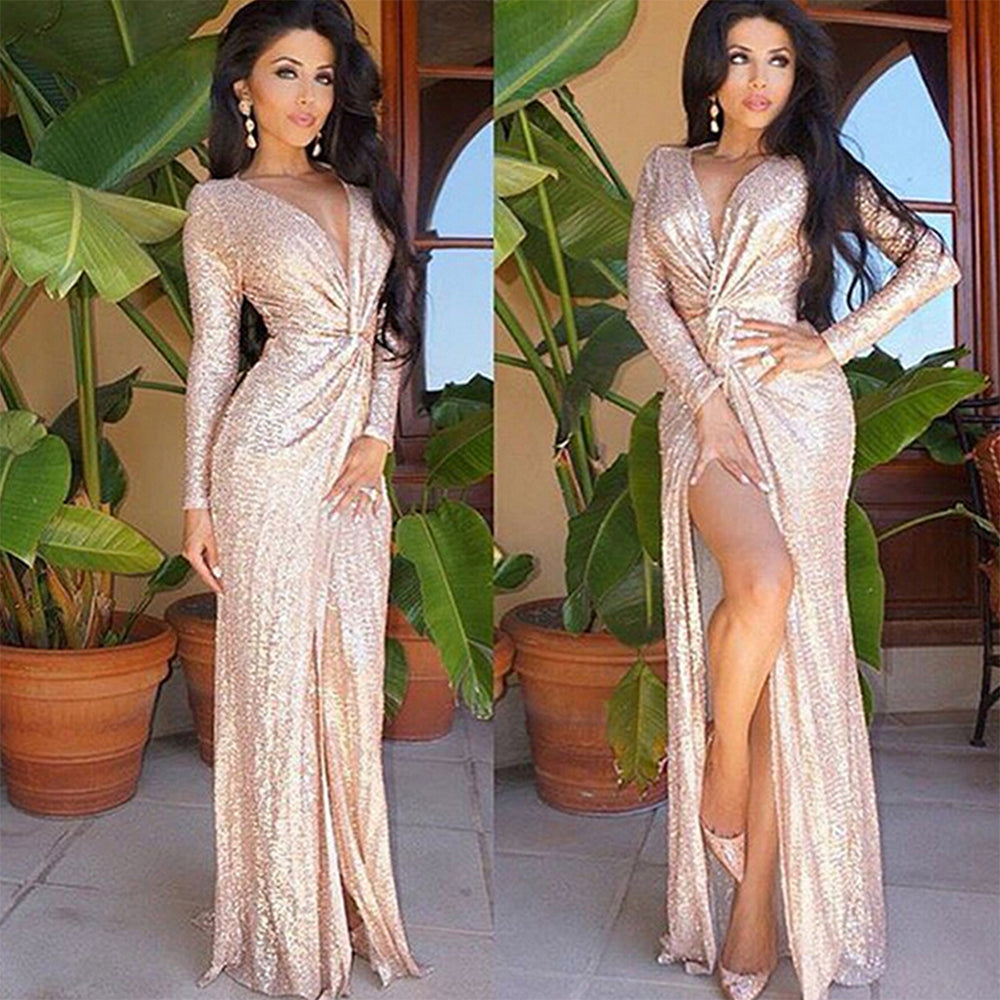 Champagne Long Sleeves V-Neck Ruffles Front-Split Prom Dress-BallBride
