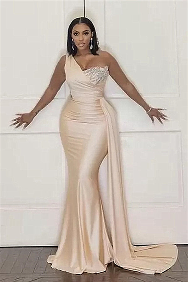 Champagne One Shoulder Ruffles Crystal Prom Dresses-BallBride
