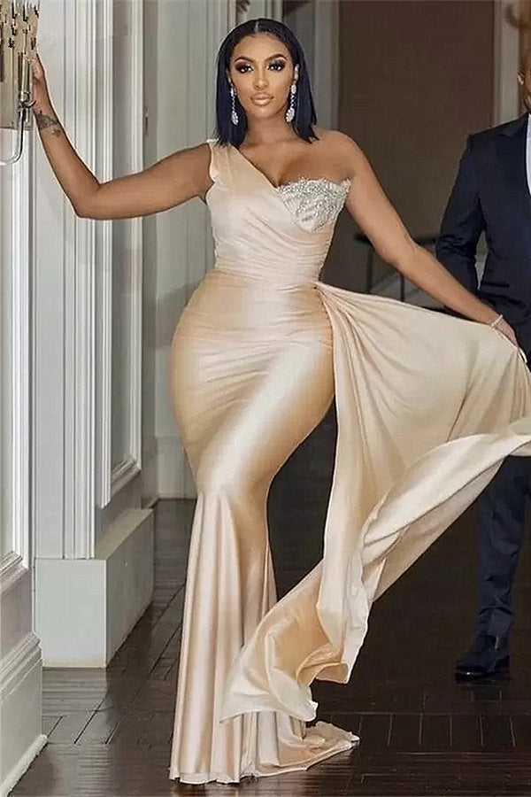 Champagne One Shoulder Ruffles Crystal Prom Dresses-BallBride