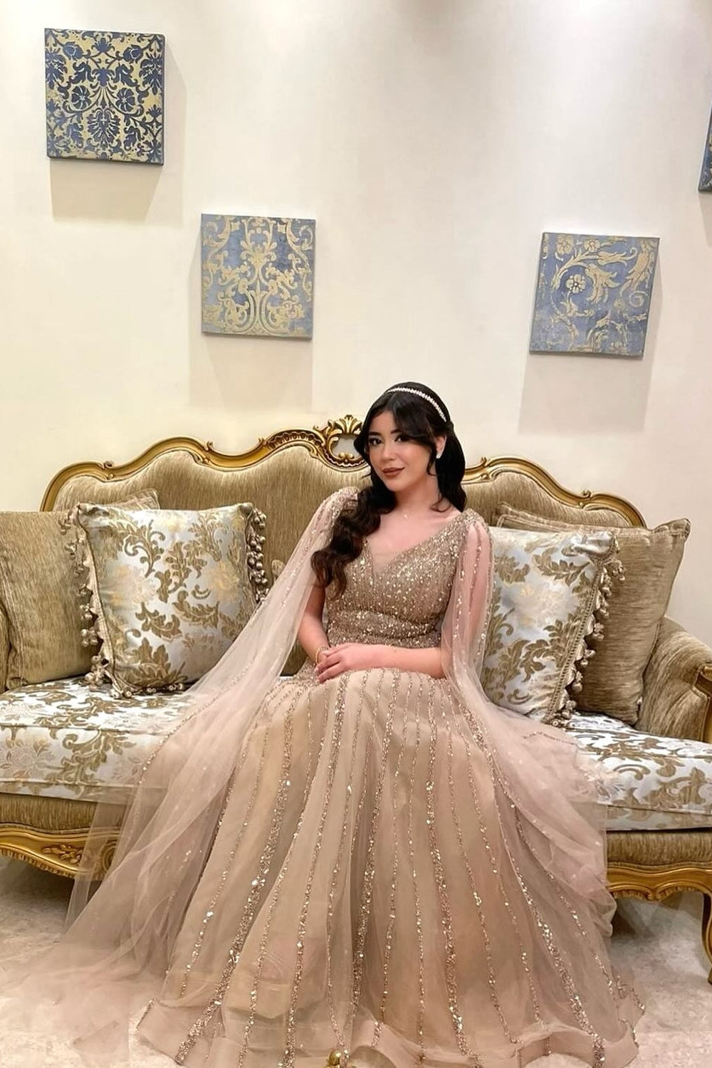 Champagne V-Neck Long Sleeve A-Line Sequined Tulle Prom Dress-BallBride