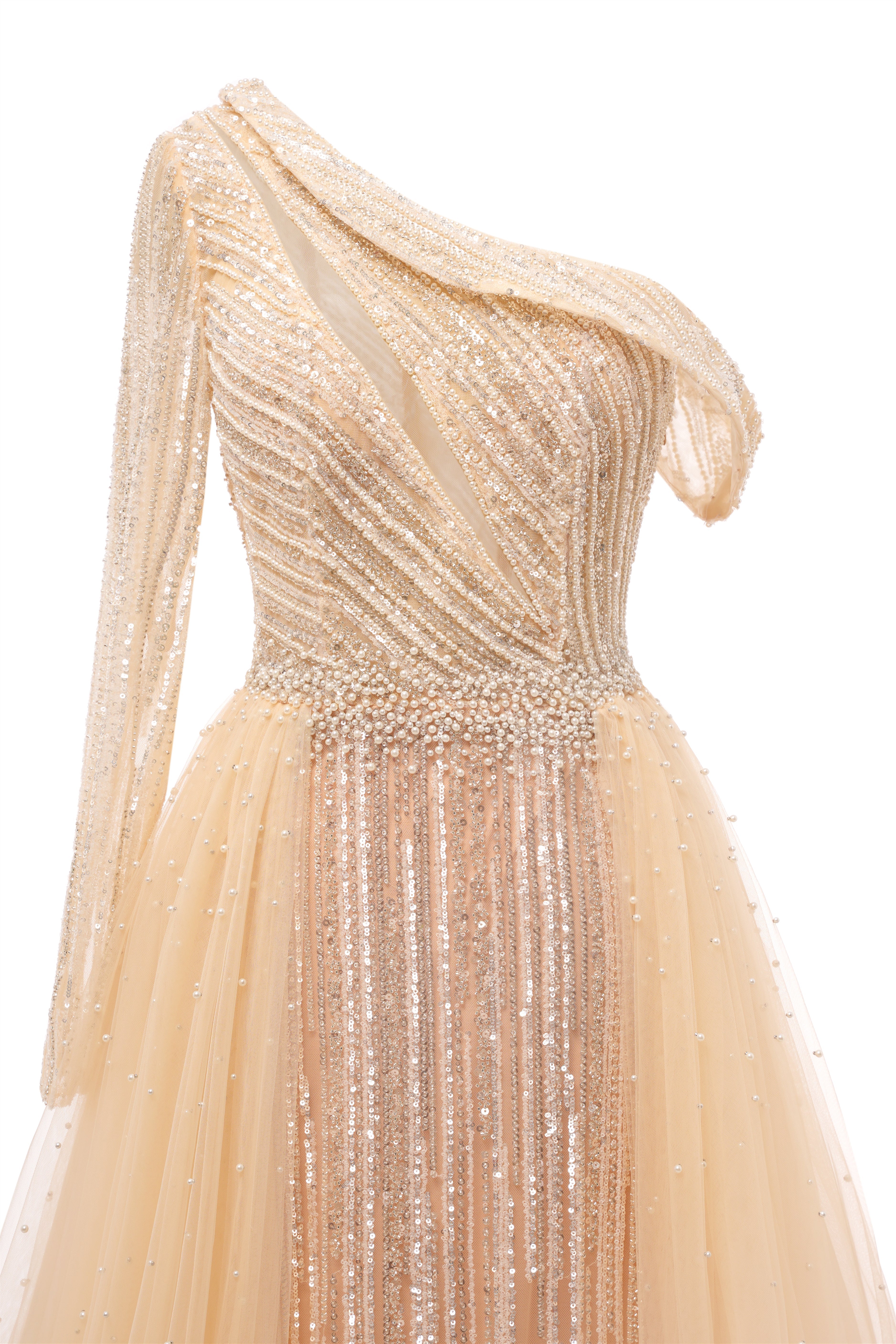 Champange One shoulder Overskirt Beaded Evening Dresses-BallBride