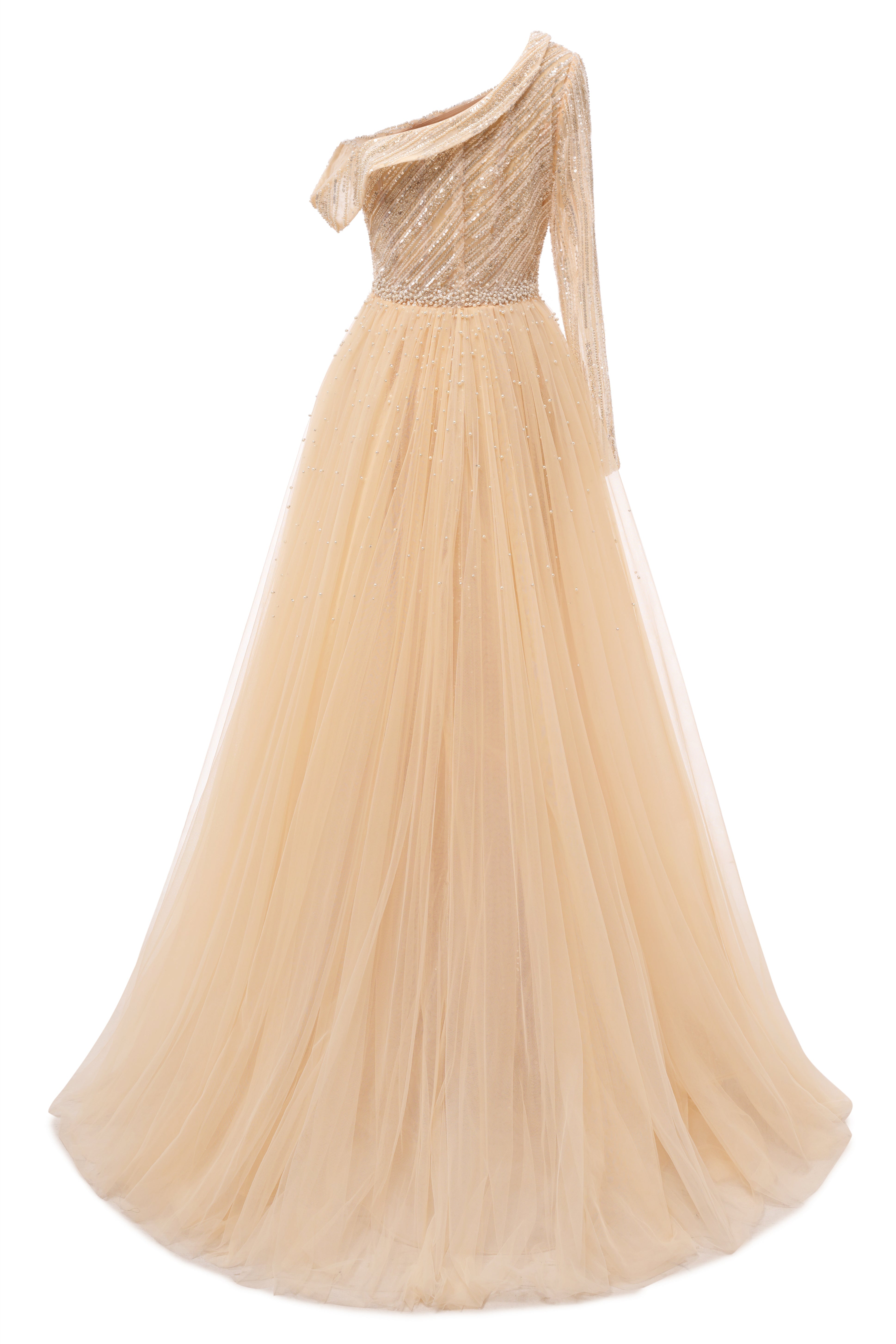Champange One shoulder Overskirt Beaded Evening Dresses-BallBride