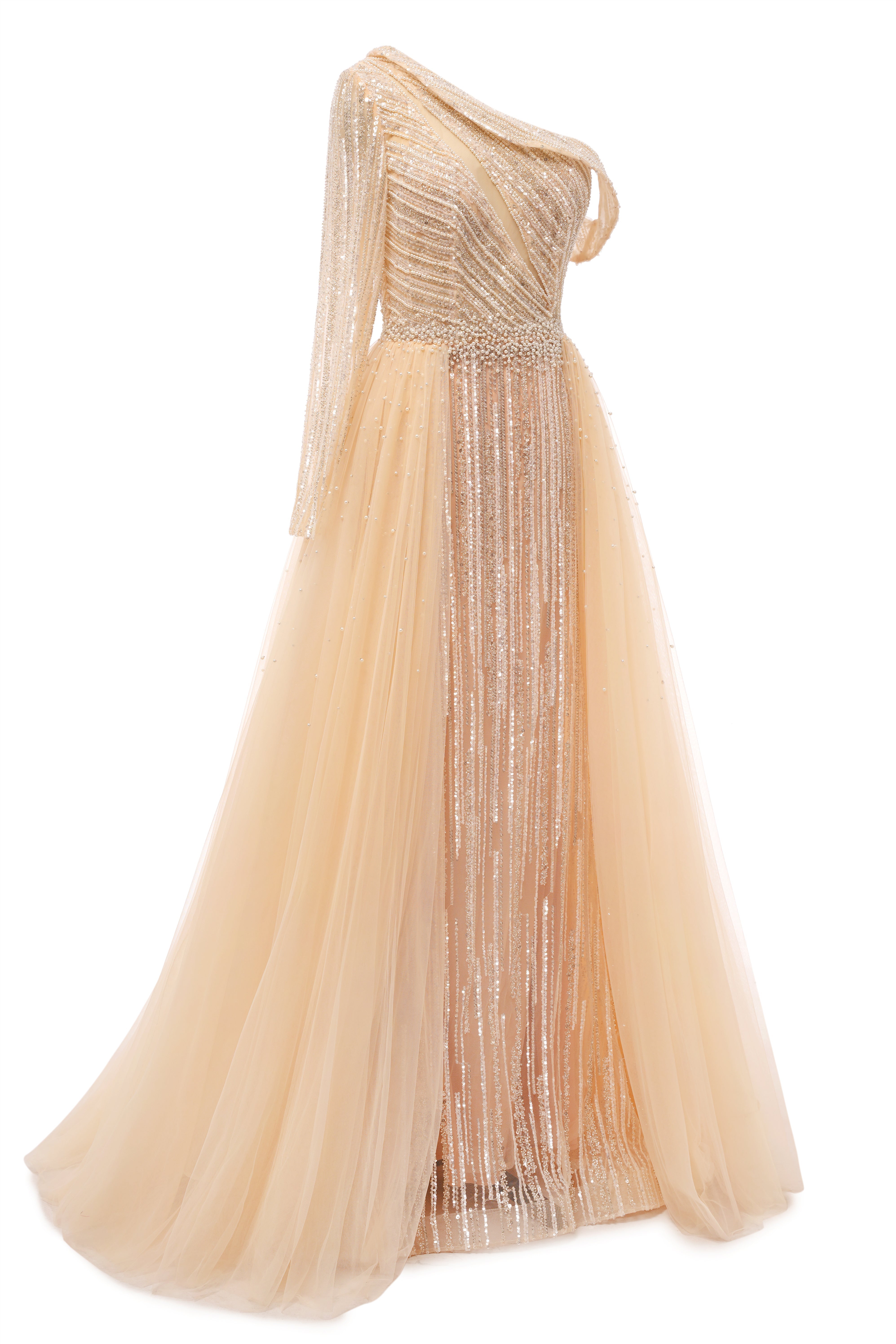 Champange One shoulder Overskirt Beaded Evening Dresses-BallBride