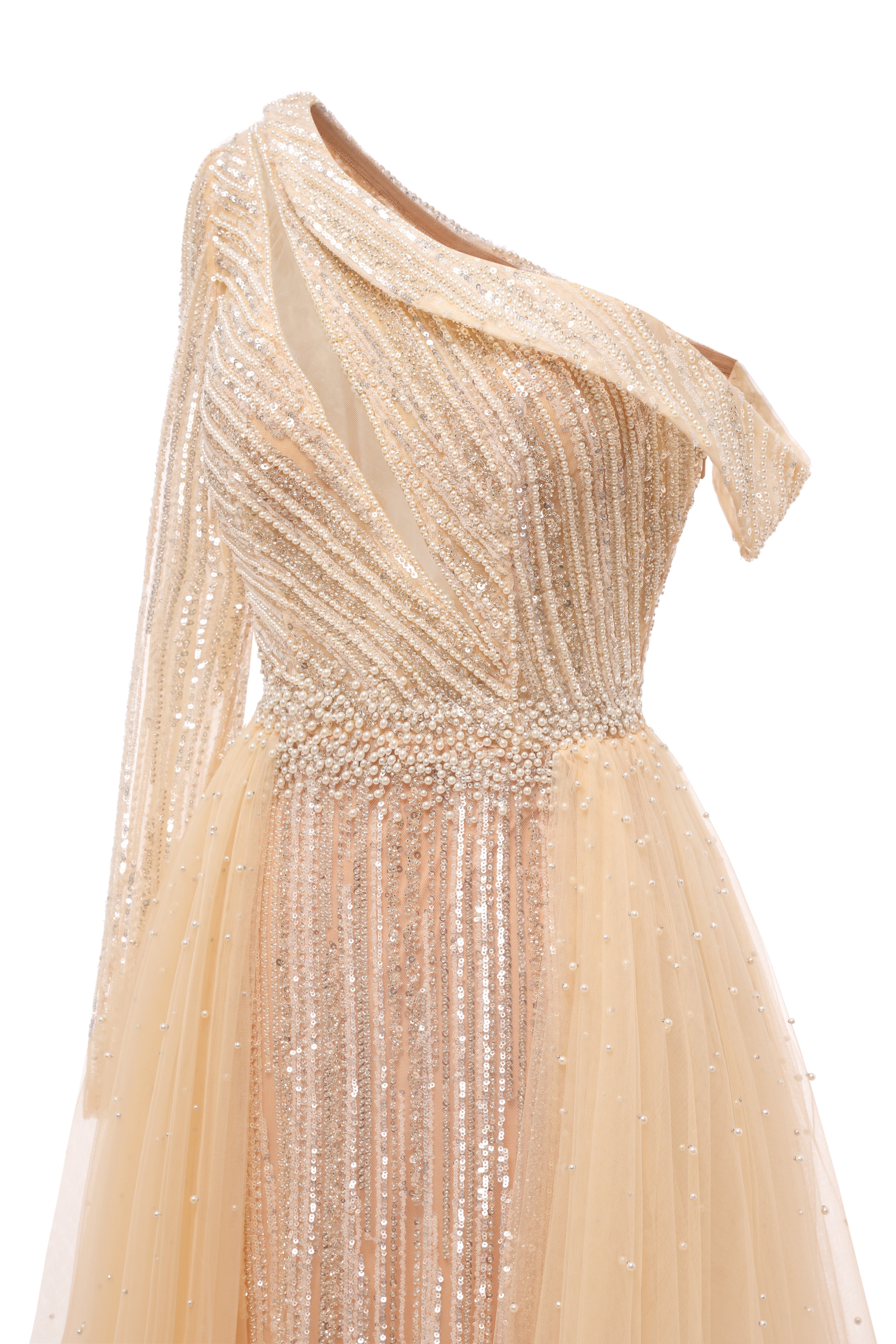 Champange One shoulder Overskirt Beaded Evening Dresses-BallBride
