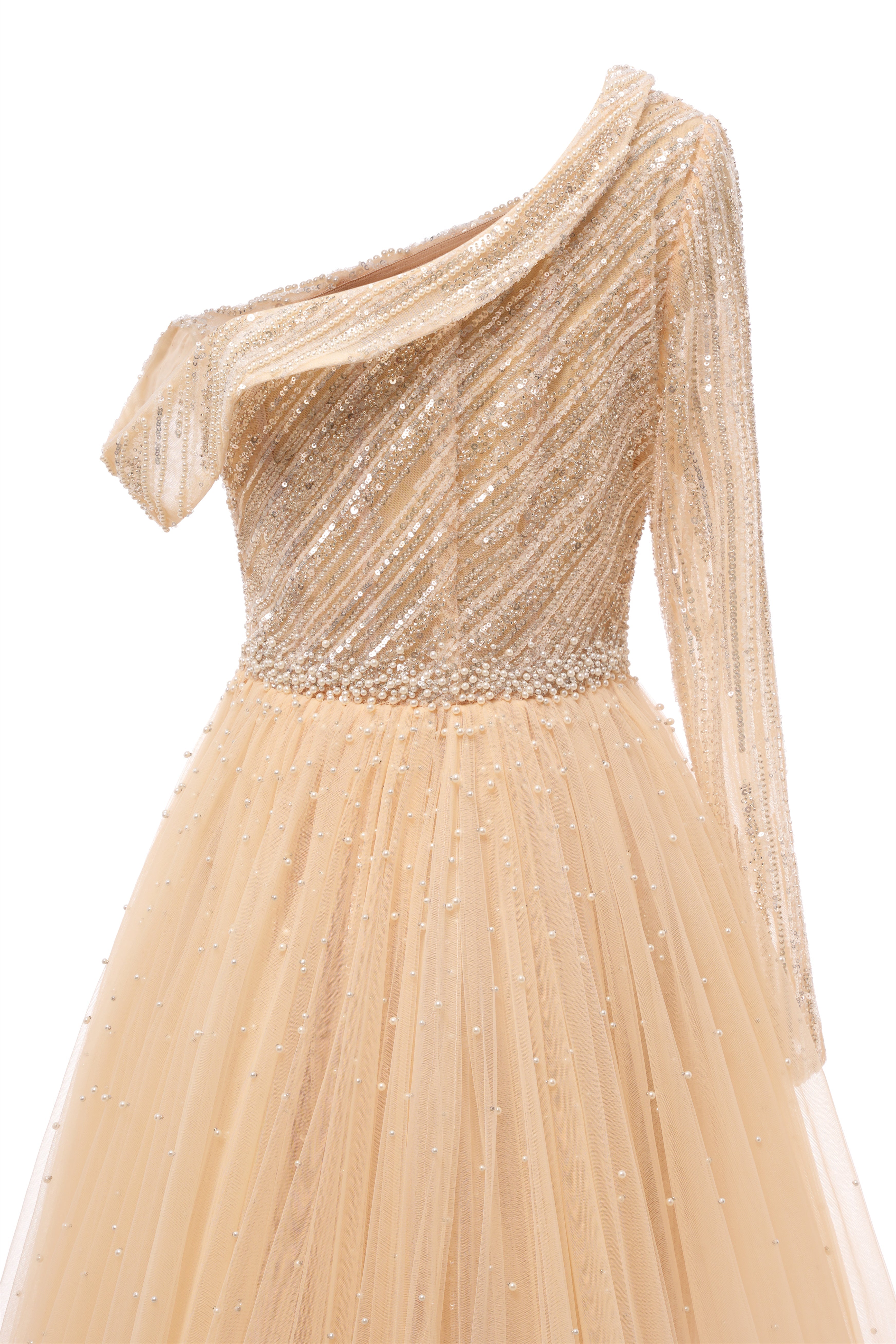 Champange One shoulder Overskirt Beaded Evening Dresses-BallBride