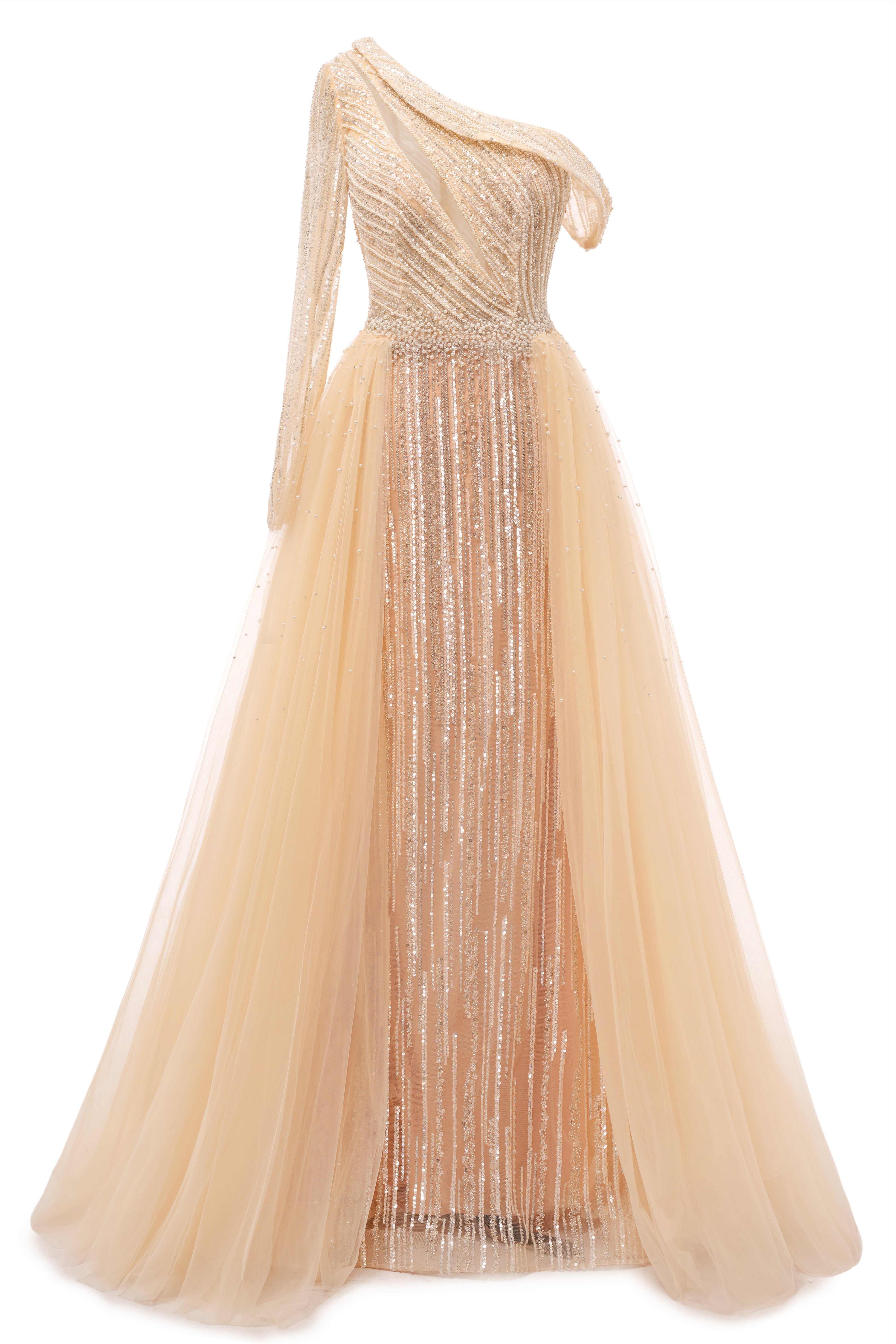 Champange One shoulder Overskirt Beaded Evening Dresses-BallBride