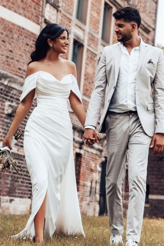 Charmeuse Off-The-Shoulder Wedding Dress with Split-BallBride