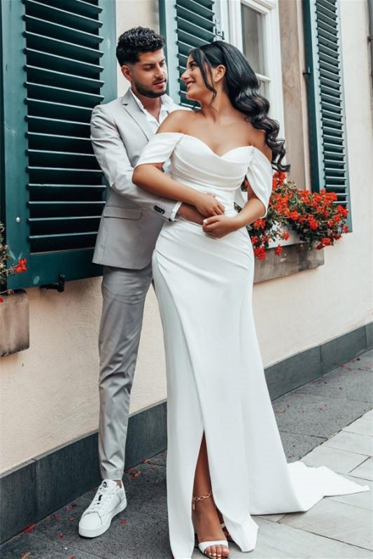 Charmeuse Off-The-Shoulder Wedding Dress with Split-BallBride