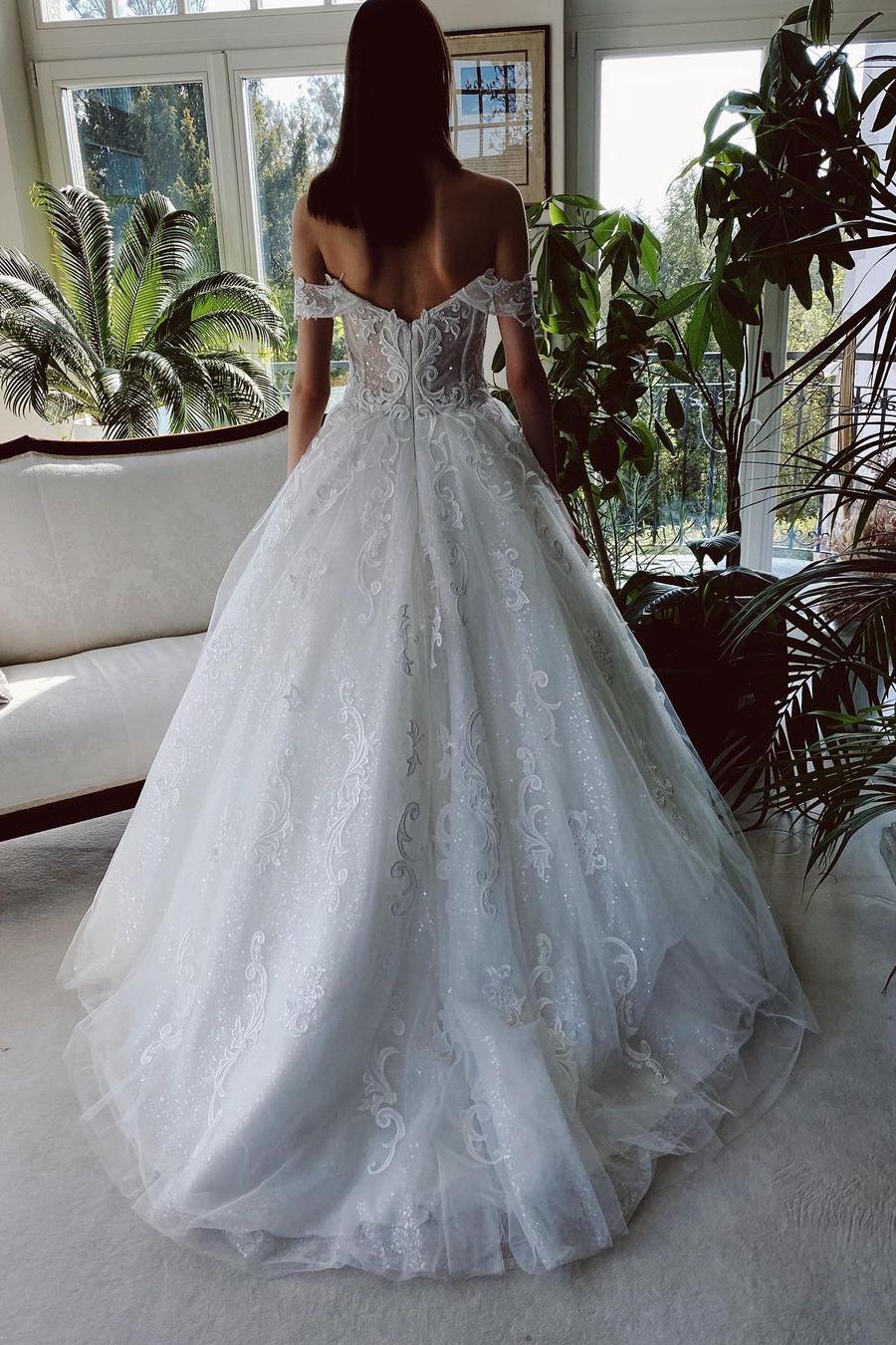 Charming A-Line Tulle Wedding Dress with Off-The-Shoulder-BallBride