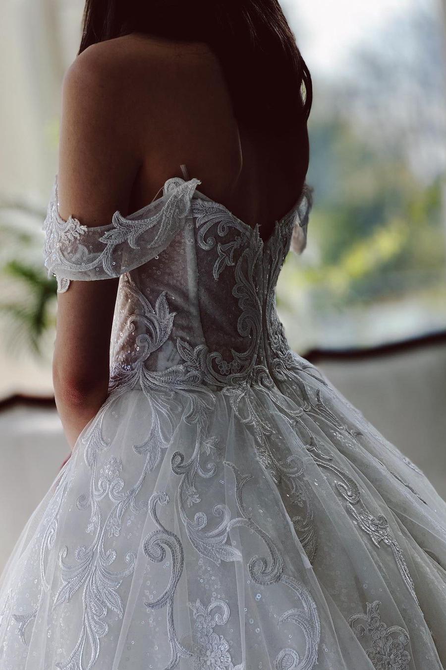 Charming A-Line Tulle Wedding Dress with Off-The-Shoulder-BallBride
