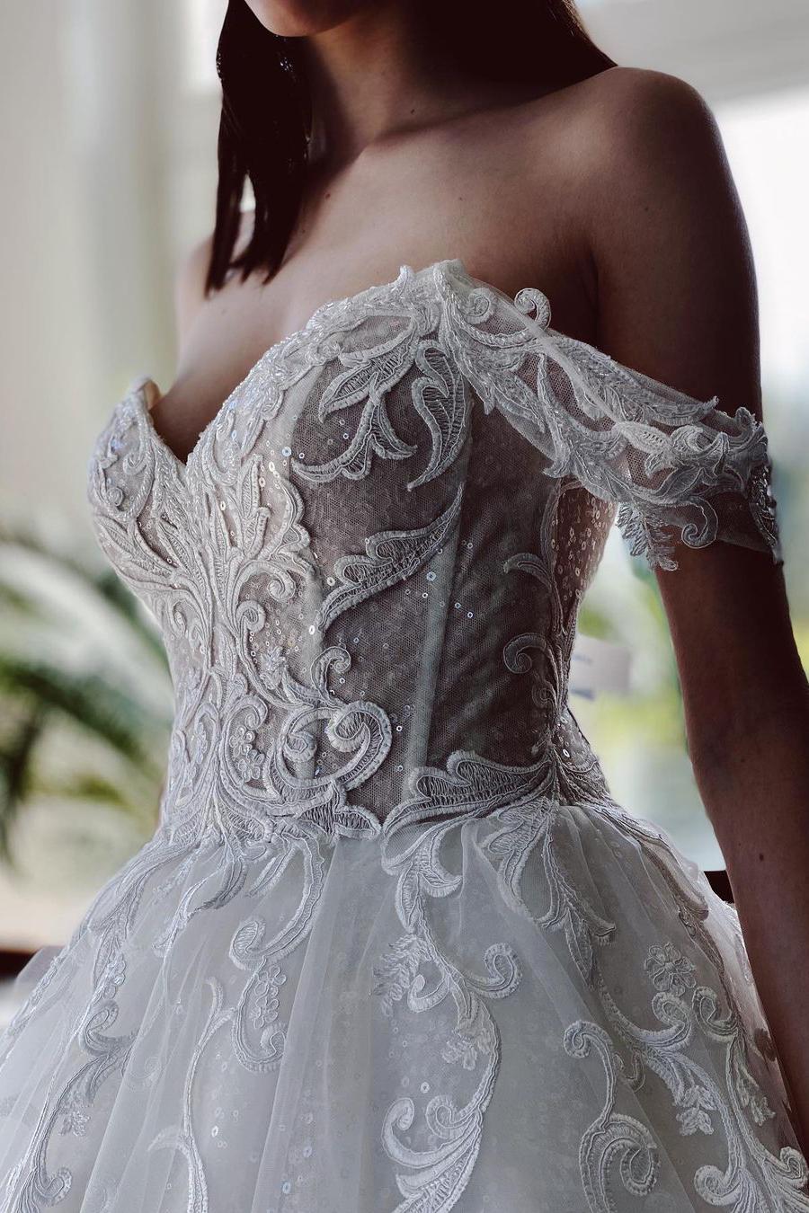 Charming A-Line Tulle Wedding Dress with Off-The-Shoulder-BallBride
