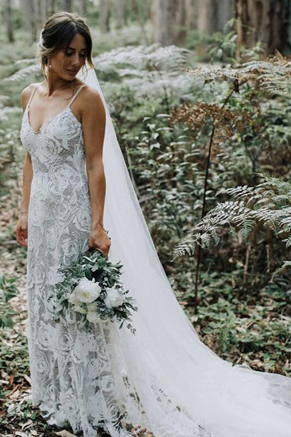Charming A-line Wedding Dress with Lace Spaghetti Straps and Backless Design-BallBride