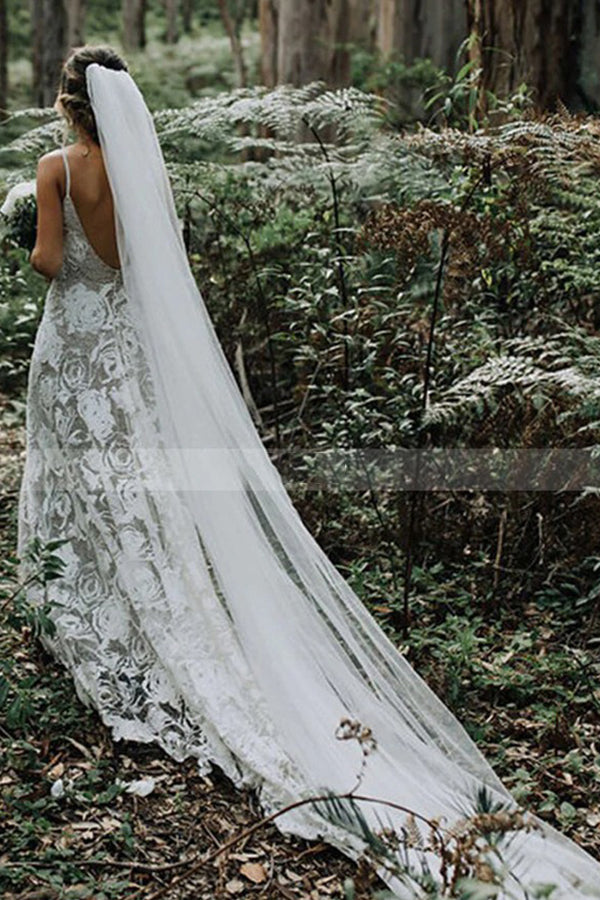 Charming A-line Wedding Dress with Lace Spaghetti Straps and Backless Design-BallBride