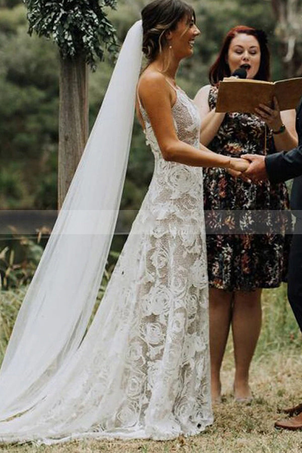 Charming A-line Wedding Dress with Lace Spaghetti Straps and Backless Design-BallBride
