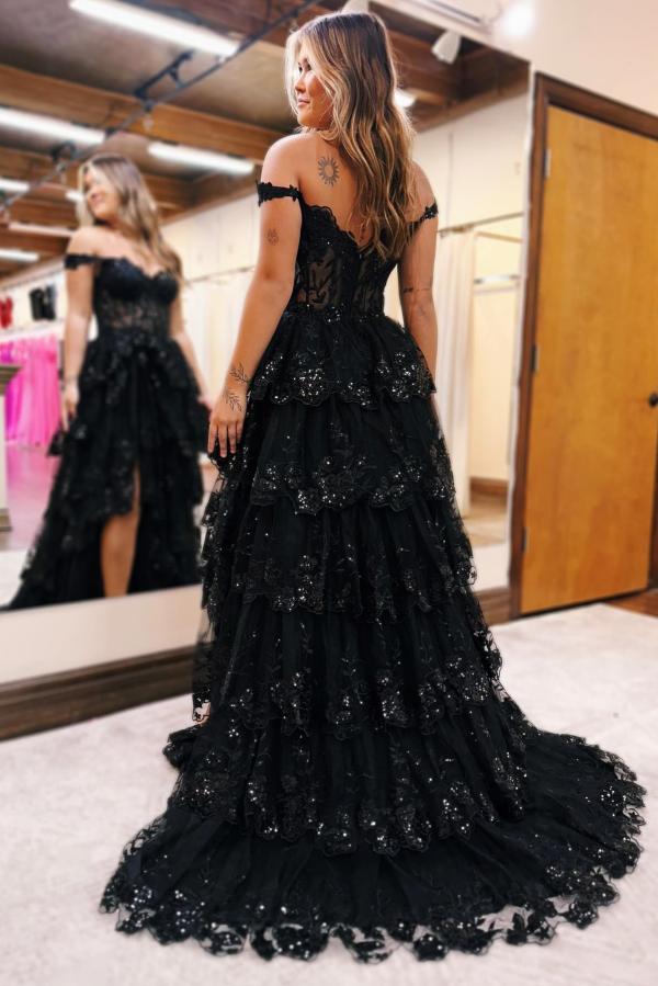 Charming Black Long A-line Sweetheart Off The Shoulder Tulle Lace Prom Dresses with Slit-BallBride