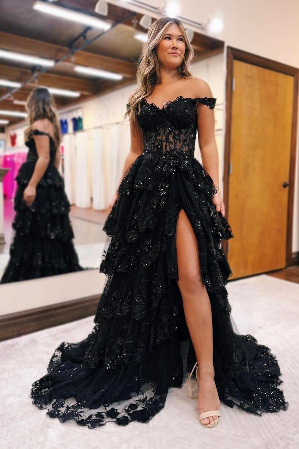 Charming Black Long A-line Sweetheart Off The Shoulder Tulle Lace Prom Dresses with Slit-BallBride