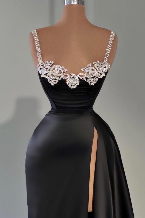 Charming Black Long Mermaid Straps Sweetheart Satin Prom Dress with Side Slit-BallBride