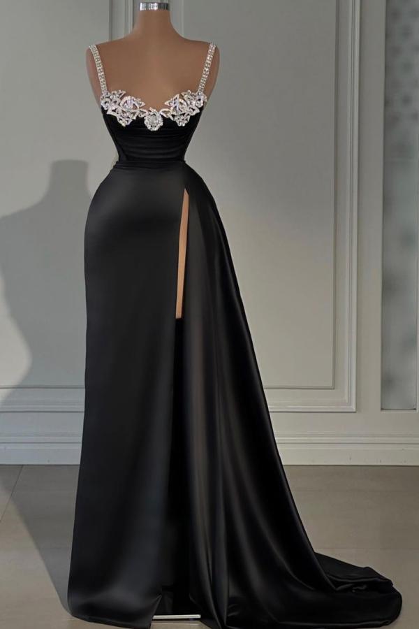 Charming Black Long Mermaid Straps Sweetheart Satin Prom Dress with Side Slit-BallBride