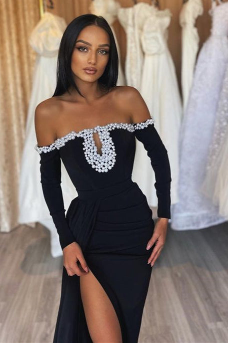 Charming Black Off-the-Shoulder Prom Dress with Mermaid Long Sleeves and Pearls Split-BallBride