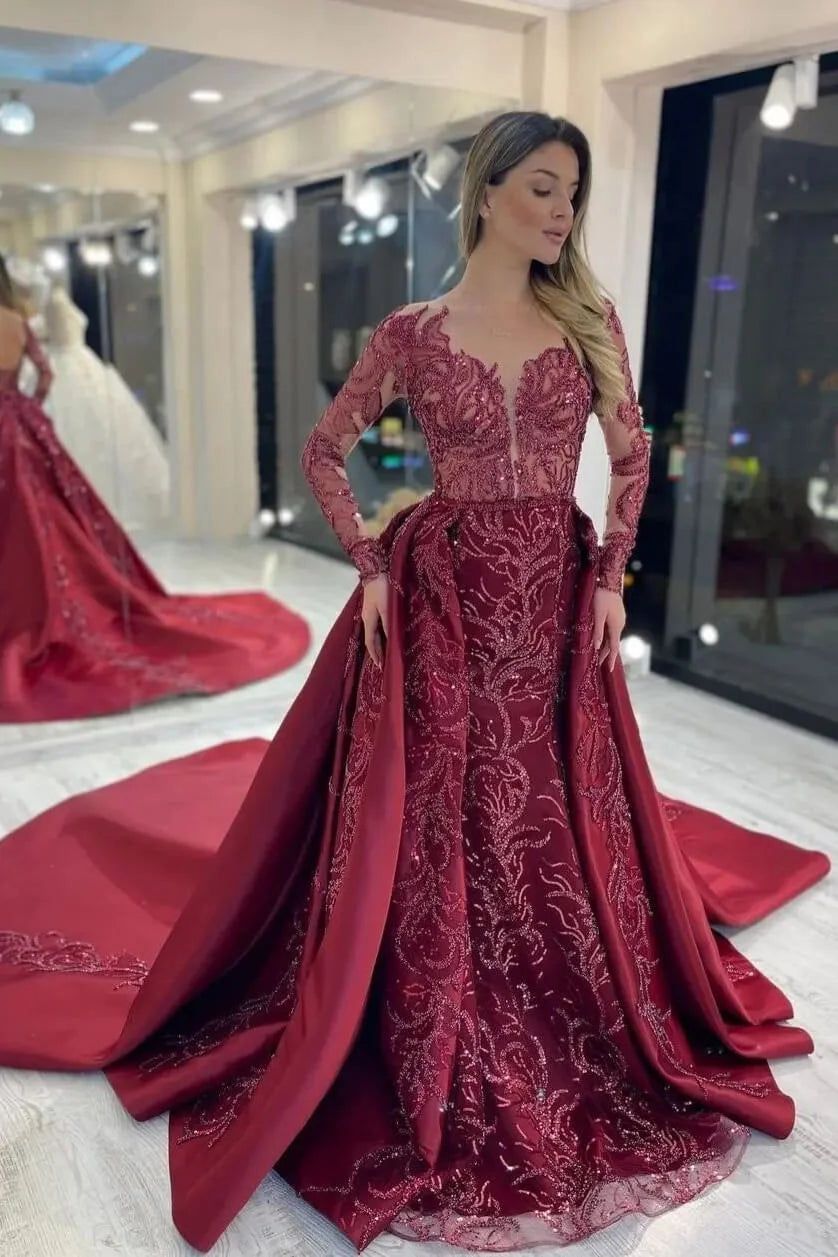 Charming Burgundy Long Sleeves Overskirt Evening Dress Mermaid With Beads-BallBride