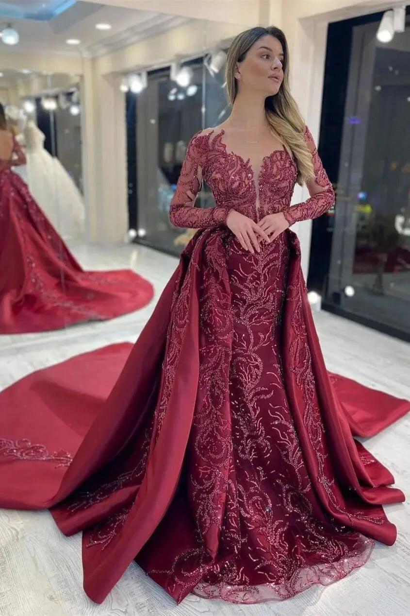 Charming Burgundy Long Sleeves Overskirt Evening Dress Mermaid With Beads-BallBride