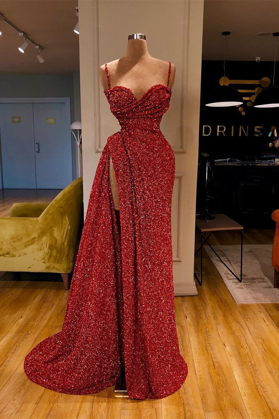 Charming Burgundy Sequins Prom Dress with Spaghetti-Straps and Split-BallBride