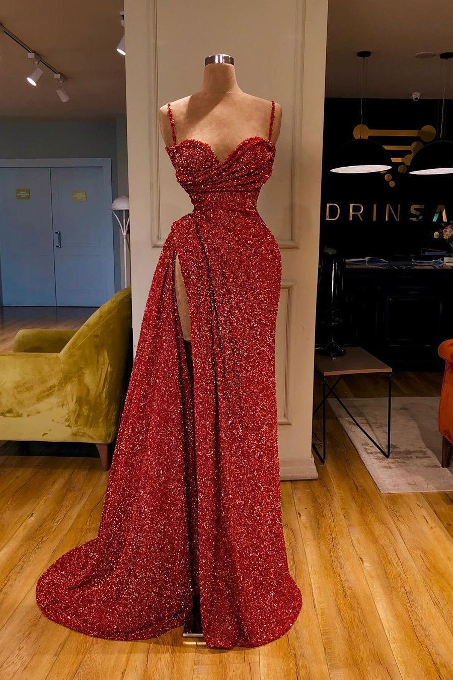 Charming Burgundy Sequins Prom Dress with Spaghetti-Straps and Split-BallBride