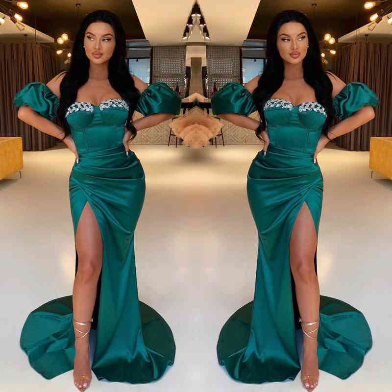 Charming Dark Green Sweetheart Prom Dress with Mermaid Slit and Detachable Sleeves-BallBride