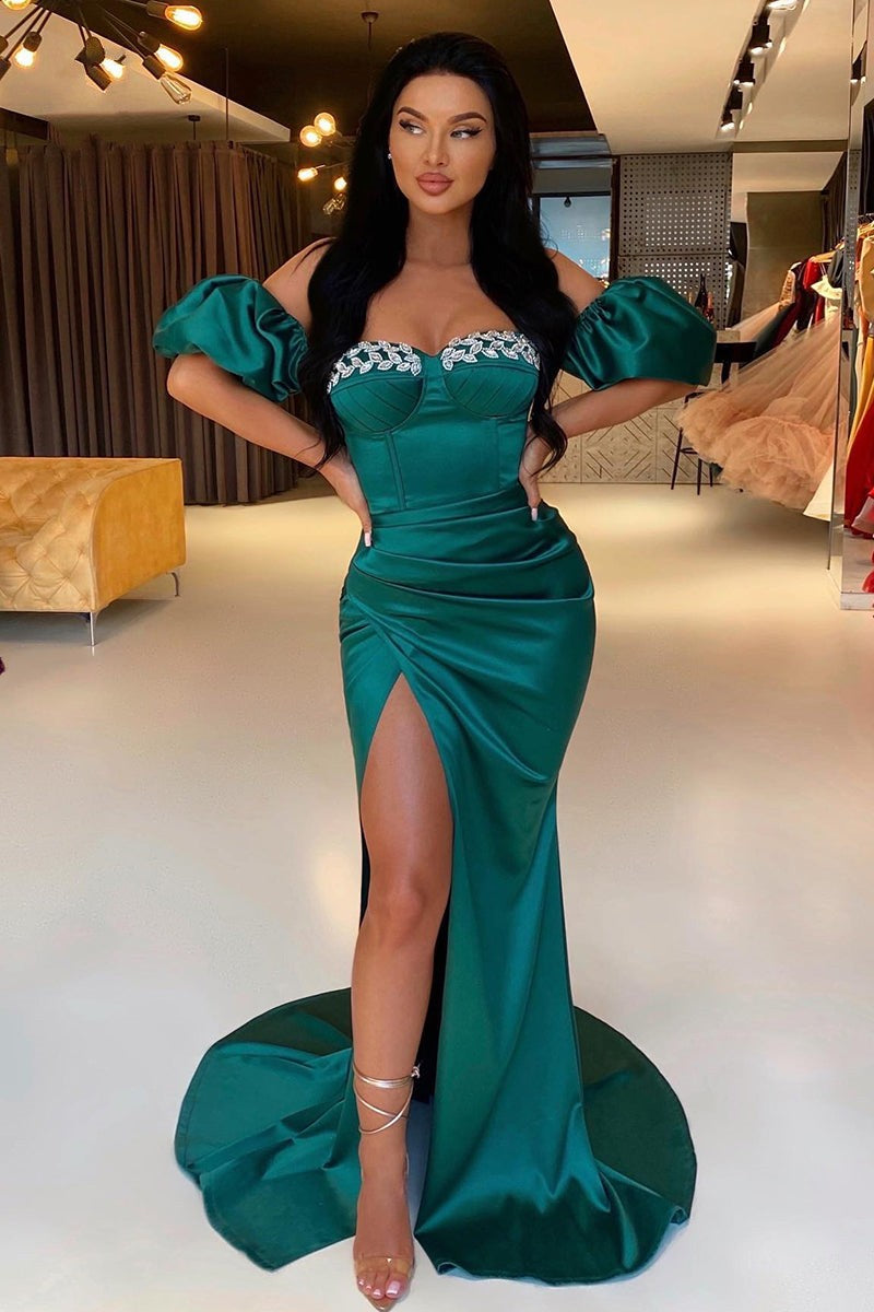 Charming Dark Green Sweetheart Prom Dress with Mermaid Slit and Detachable Sleeves-BallBride