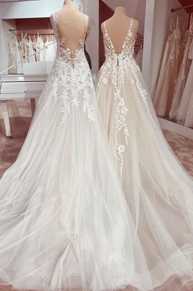 Charming Deep V-neck A-Line Lace Floor-length Wedding Dress with Tulle Appliques-BallBride