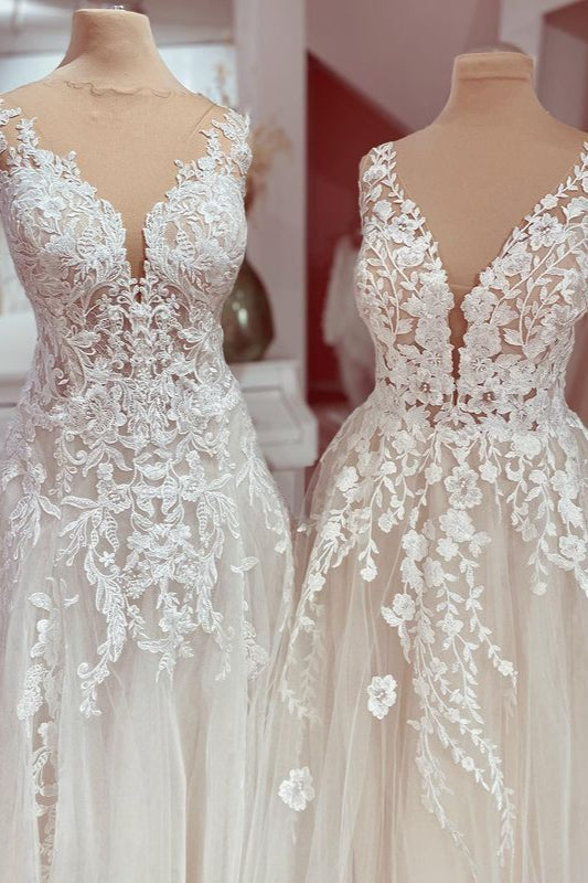Charming Deep V-neck A-Line Lace Floor-length Wedding Dress with Tulle Appliques-BallBride