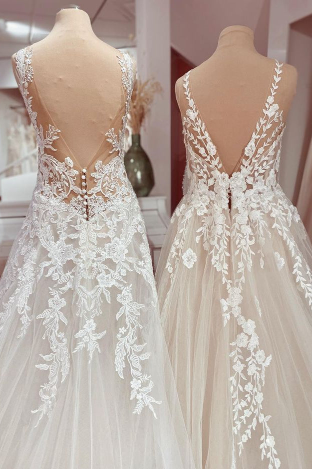 Charming Deep V-neck A-Line Lace Floor-length Wedding Dress with Tulle Appliques-BallBride