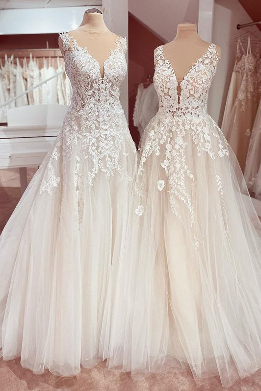 Charming Deep V-neck A-Line Lace Floor-length Wedding Dress with Tulle Appliques-BallBride