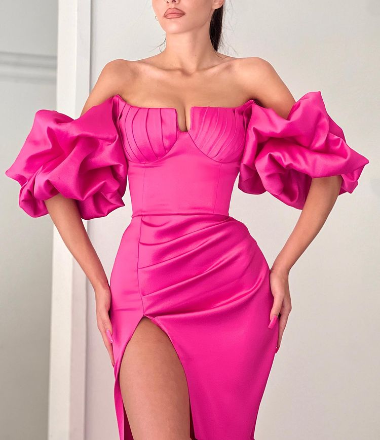 Charming Fuchsia Off-the-Shoulder Mermaid Prom Dress with Slit Long Online-BallBride