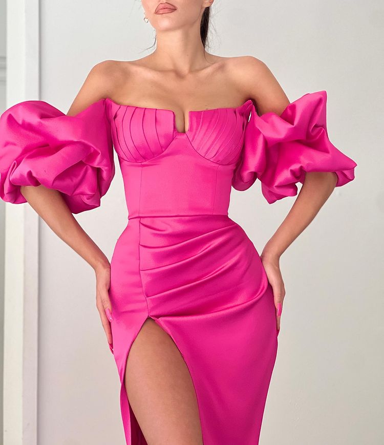 Charming Fuchsia Off-the-Shoulder Mermaid Prom Dress with Slit Long Online-BallBride