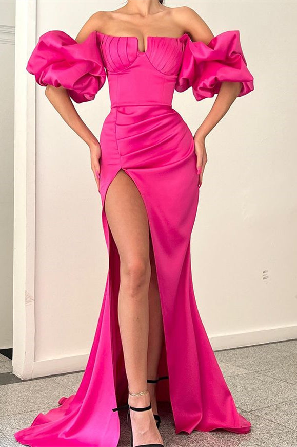 Charming Fuchsia Off-the-Shoulder Mermaid Prom Dress with Slit Long Online-BallBride