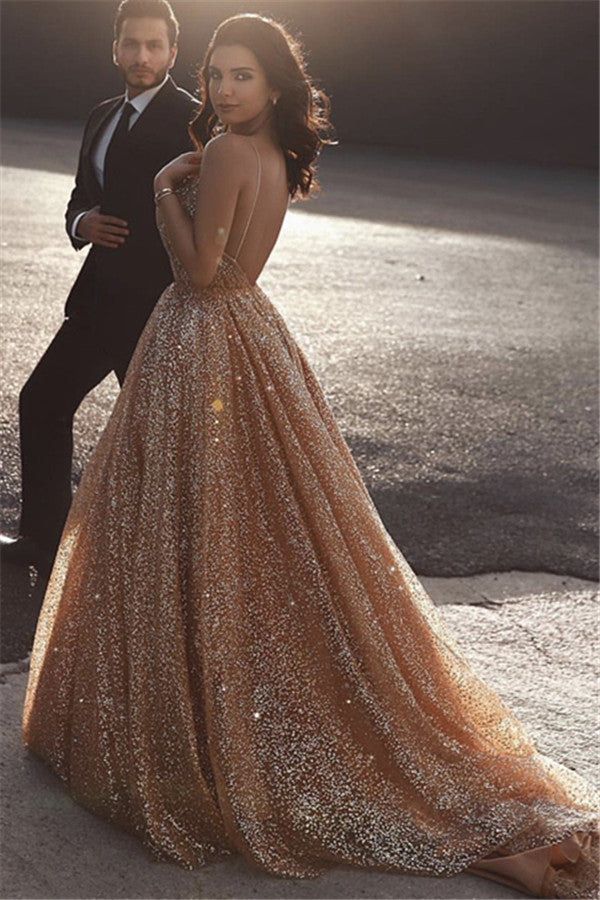 Charming Gold Shinning Sequined Spaghetti-Straps Prom Long Backless Dress-BallBride
