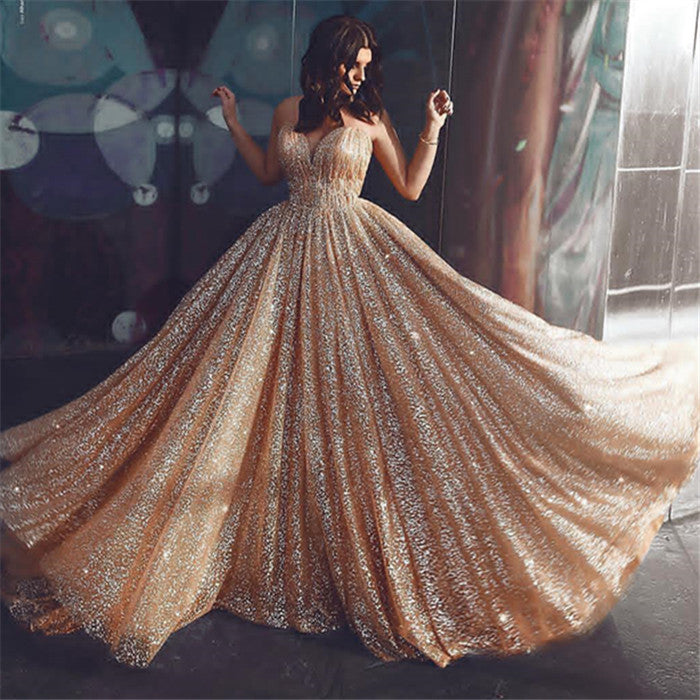 Charming Gold Shinning Sequined Spaghetti-Straps Prom Long Backless Dress-BallBride