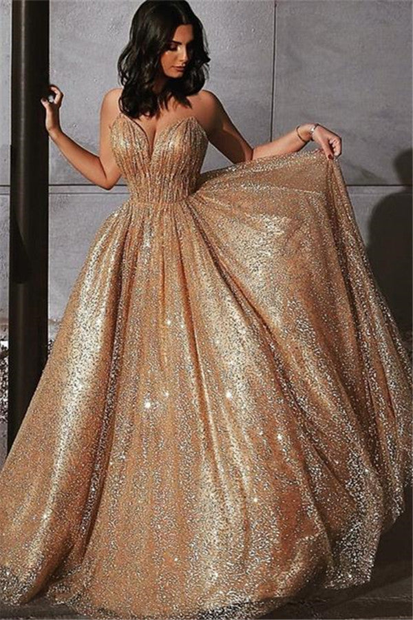Charming Gold Shinning Sequined Spaghetti-Straps Prom Long Backless Dress-BallBride