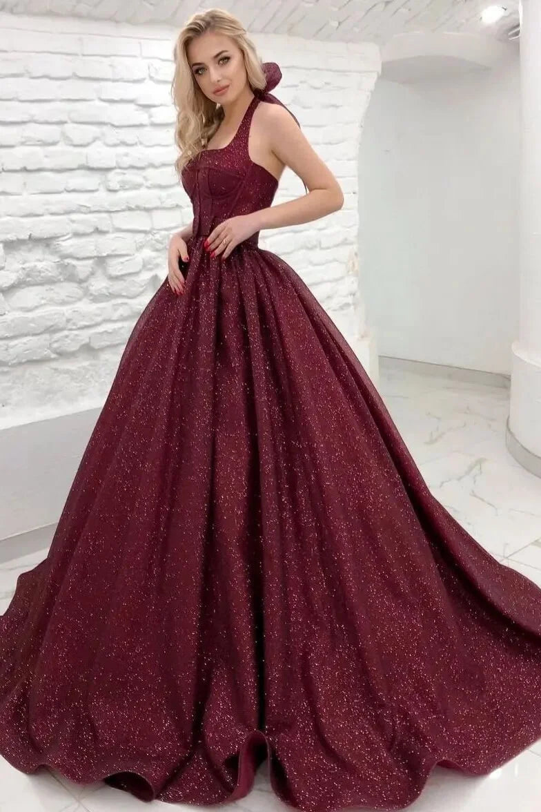 Charming Halter Burgundy Shiny Princess Evening Dress Sleeveless Backless-BallBride