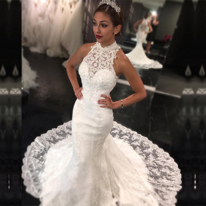 Charming High Neck Lace Mermaid Wedding Dress With Appliques Sleeveless Long-BallBride
