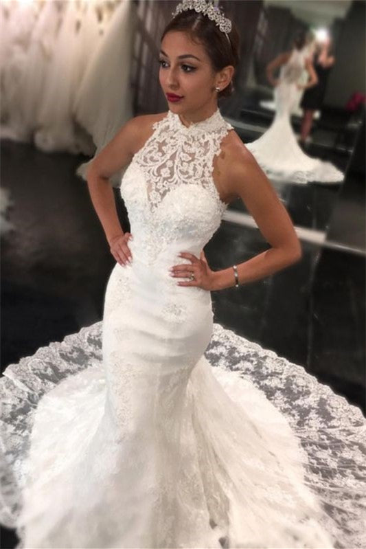 Charming High Neck Lace Mermaid Wedding Dress With Appliques Sleeveless Long-BallBride