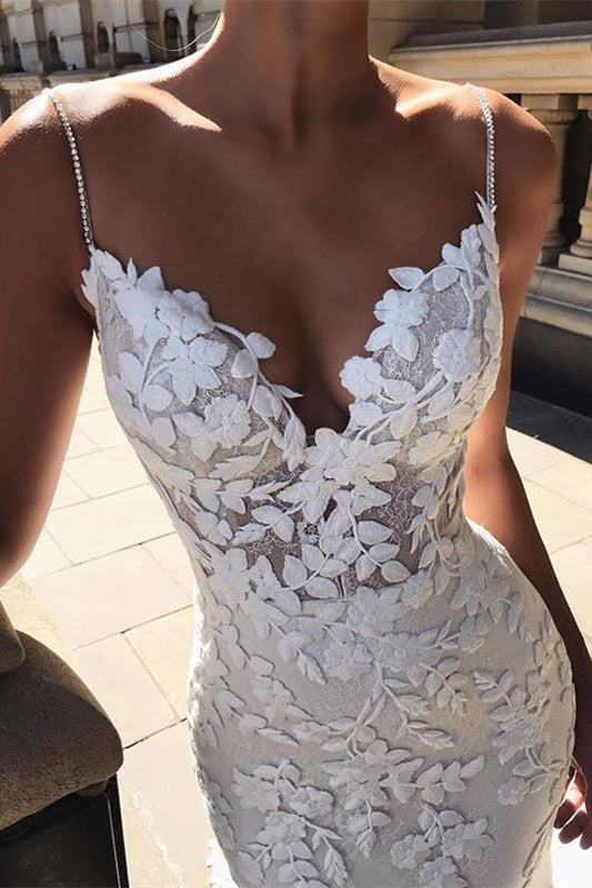 Charming Lace Appliques Mermaid Wedding Dress with Spaghetti-Straps Open Back-BallBride