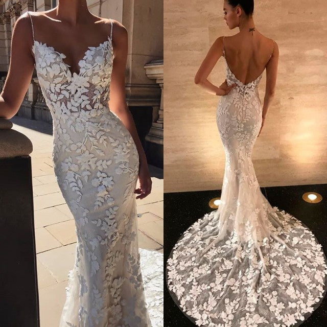 Charming Lace Appliques Mermaid Wedding Dress with Spaghetti-Straps Open Back-BallBride