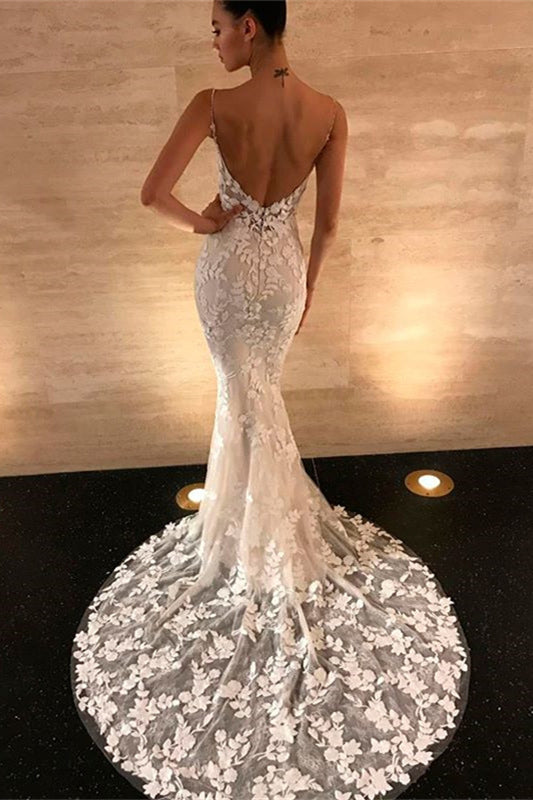 Charming Lace Appliques Mermaid Wedding Dress with Spaghetti-Straps Open Back-BallBride