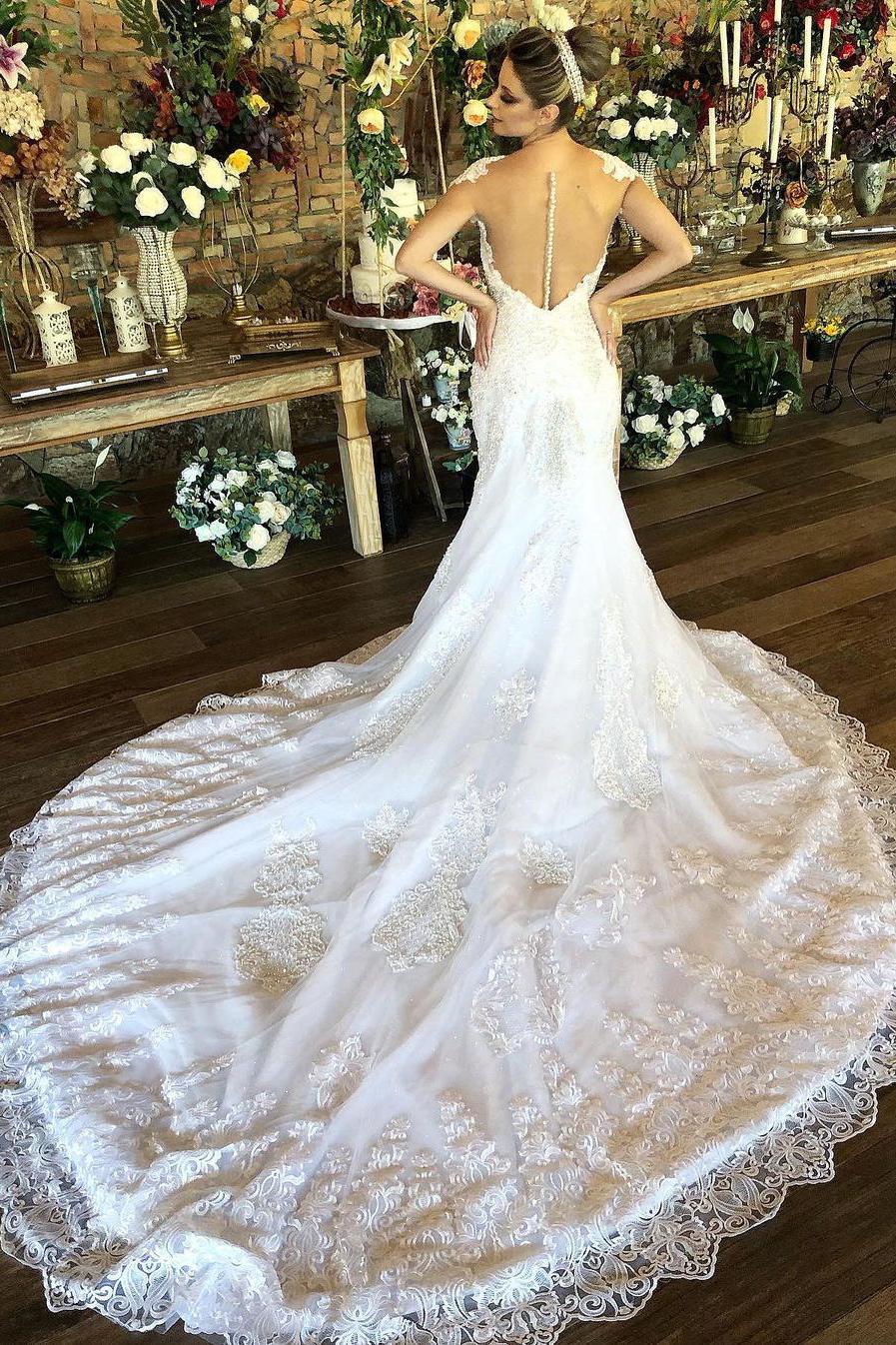 Charming Long Mermaid Sweetheart Wedding Dress with Cap Sleeves Lace-BallBride