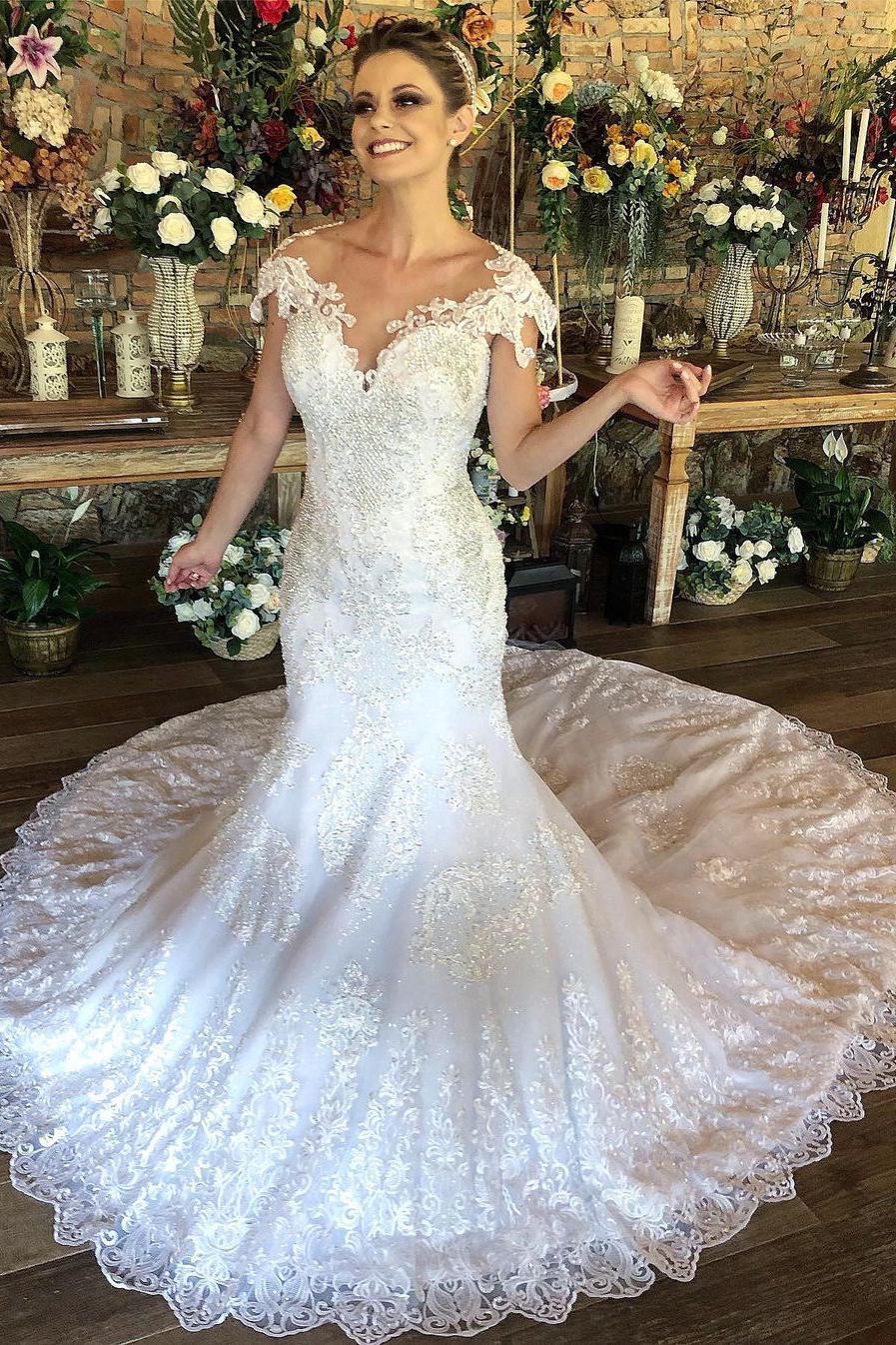 Charming Long Mermaid Sweetheart Wedding Dress with Cap Sleeves Lace-BallBride